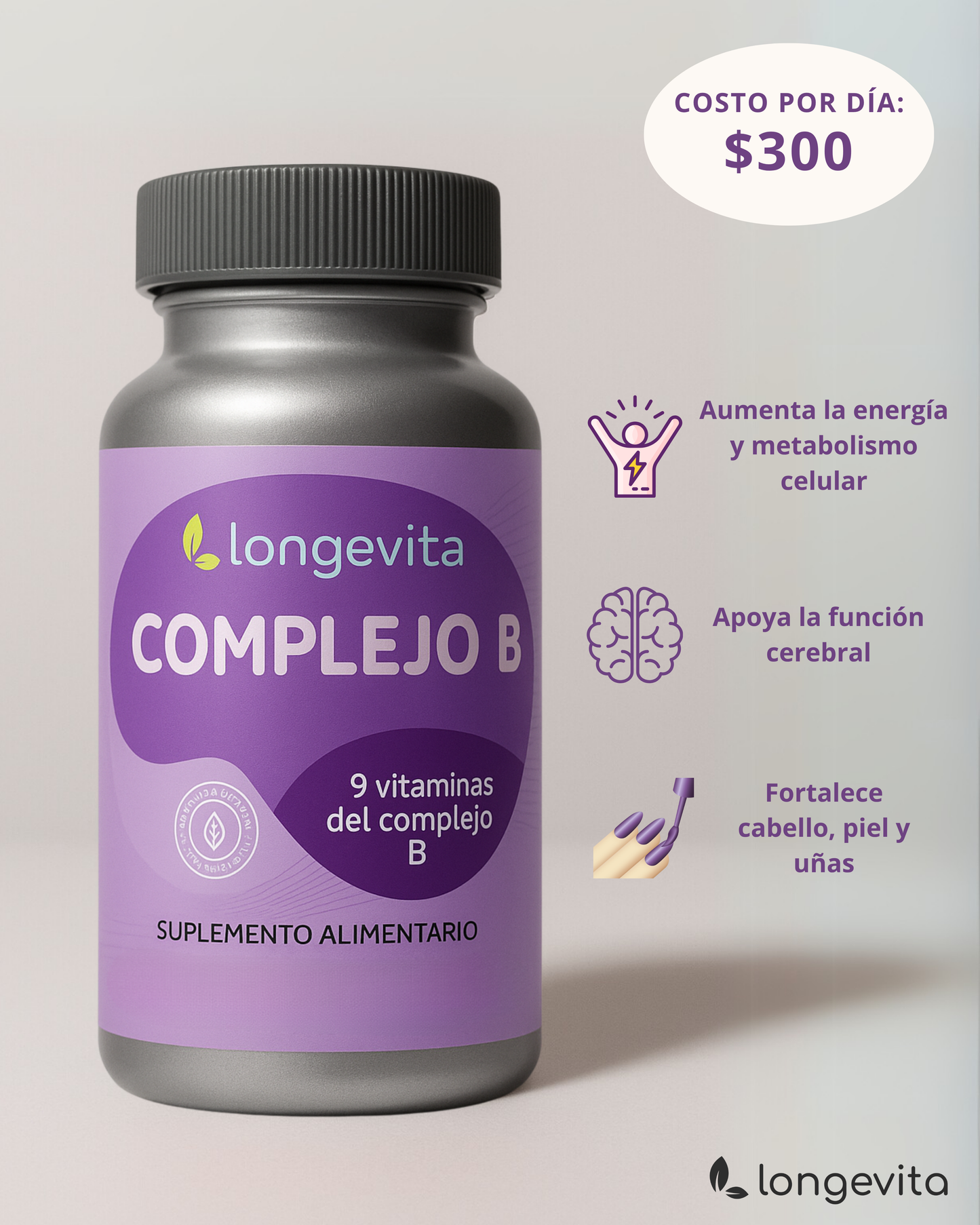 Complejo B – 9 Vitaminas del Complejo B - Cápsula Vegetal - Longevita