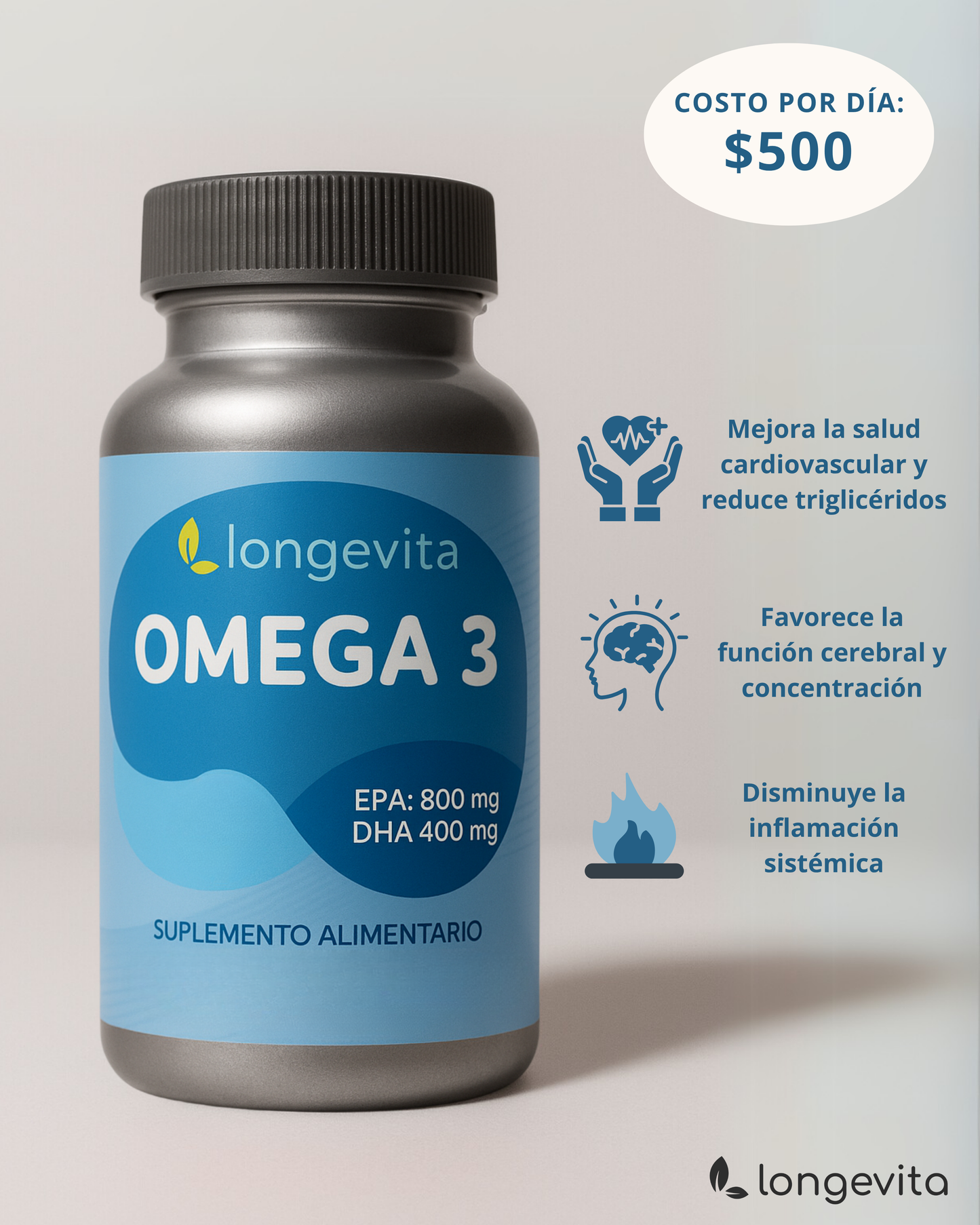 Omega 3 – 800 mg EPA + 400 mg DHA | Salud Cardiovascular y Cerebral - Longevita