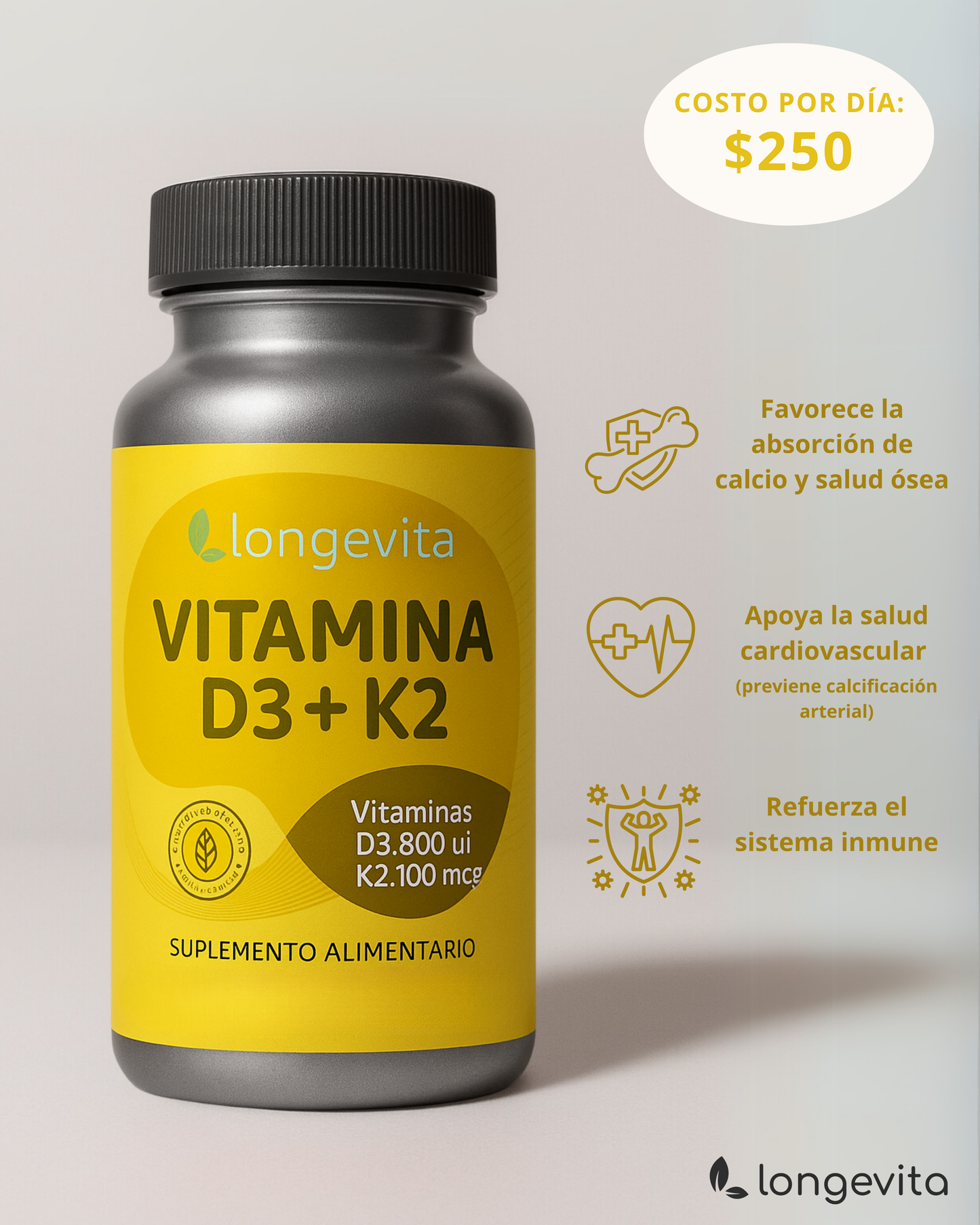 Vitamina D3 + K2 | Salud Ósea y Cardiovascular - Longevita